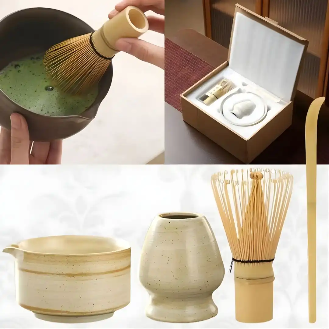CONJUNTO MATCHA 4 PEÇAS BAMBU E CERAMICA CHINA