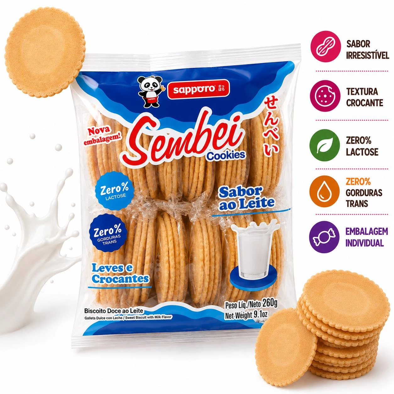 BISCOITO SEMBEI COOKIES SAPPORO AO LEITE 260G