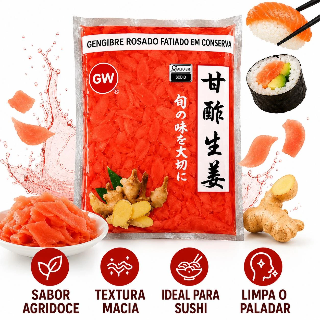 GARI SHOGA GW VERMELHO GENGIBRE EM CONSERVA 1,1KG CHINA