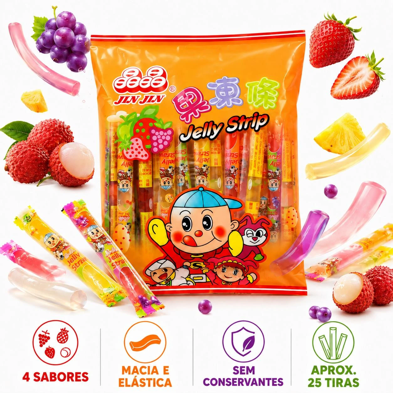 GELATINA JIN JIN JELLY STRIP EM TIRAS FRUTAS MISTAS 470G