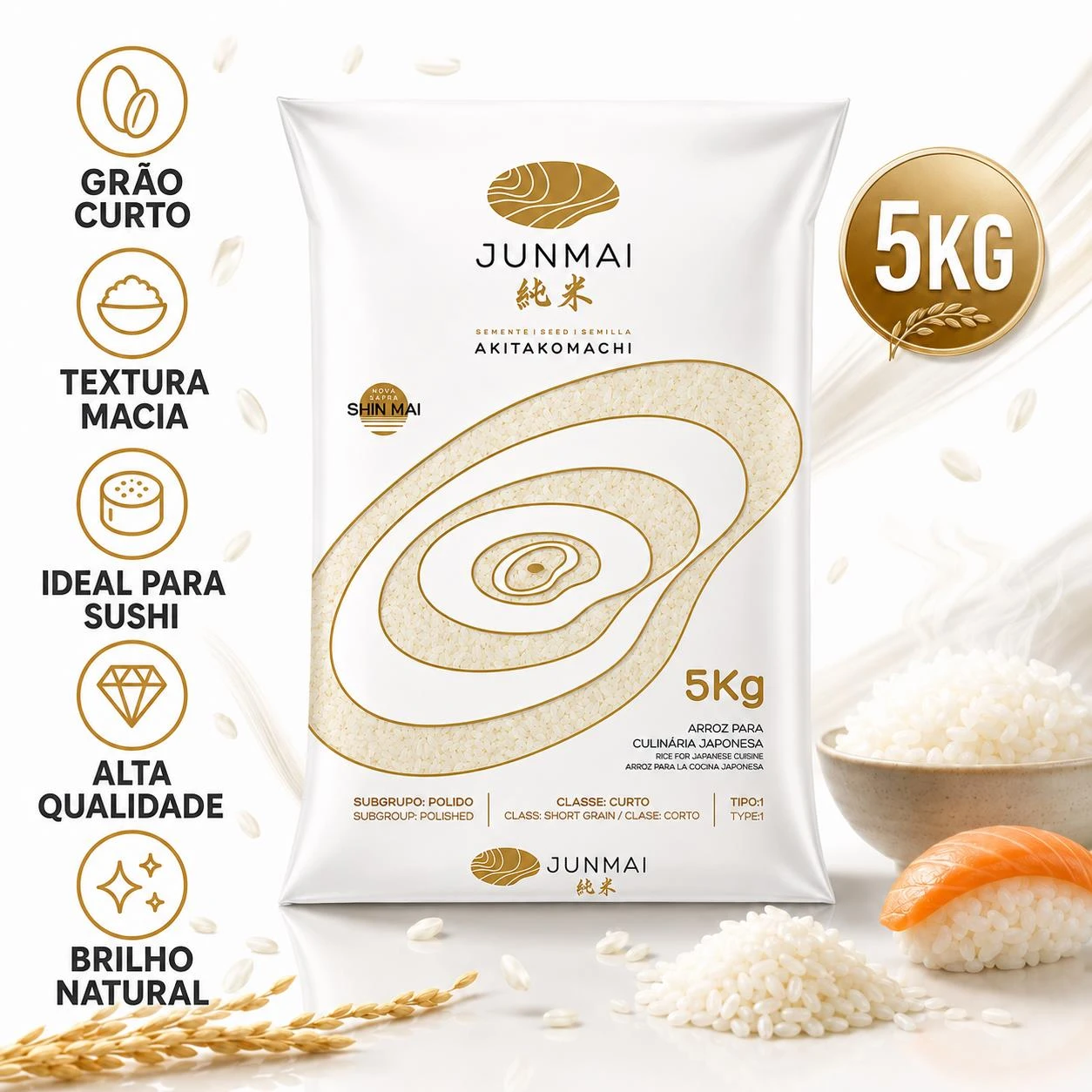 ARROZ ORIENTAL JUNMAI AKITAKOMACHI GRAO CURTO 5KG URUGUAI