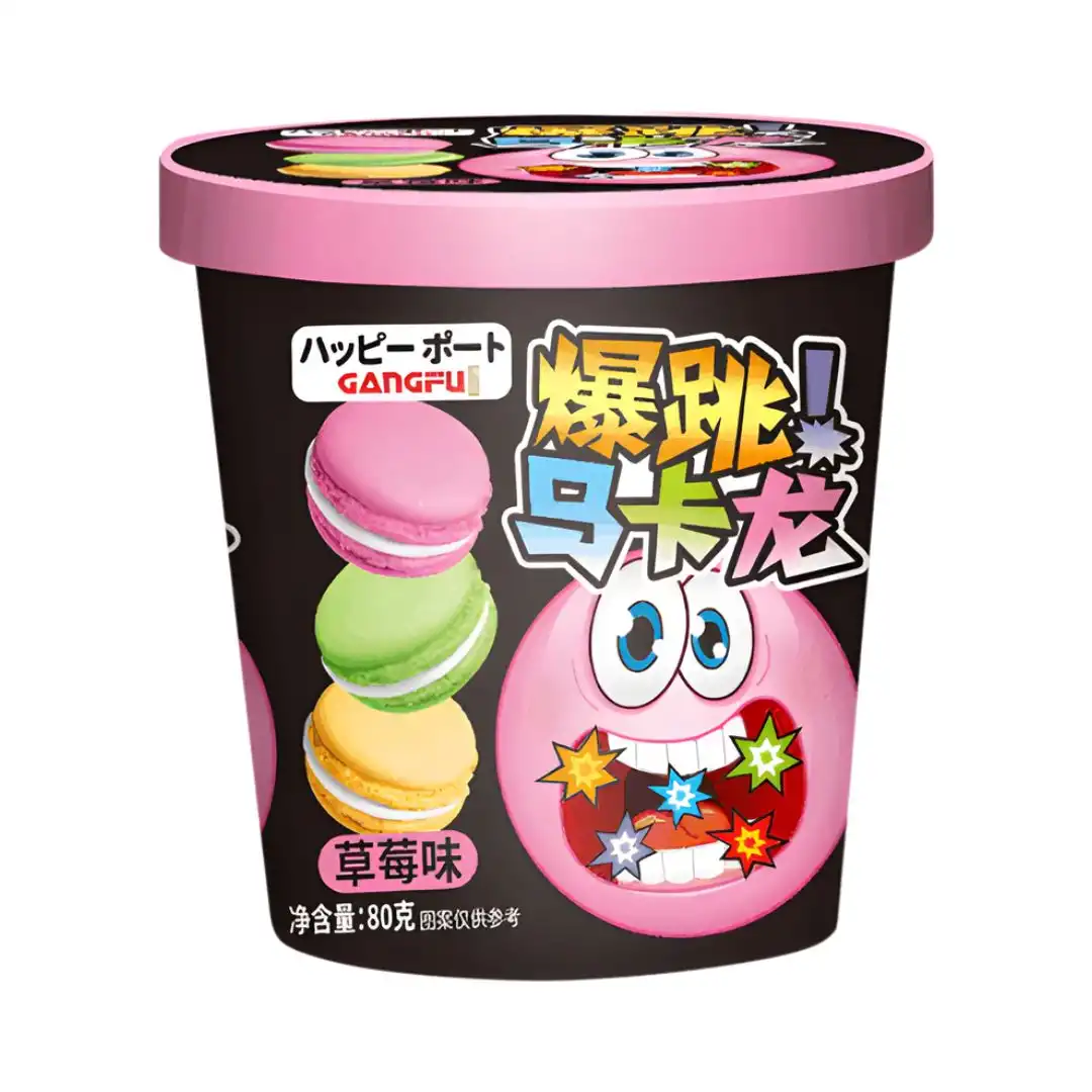 BISCOITOS MACARONS POPPING CANDY GANGFU RECHEIO MORANGO EXPLOSIVO 80G CHINA