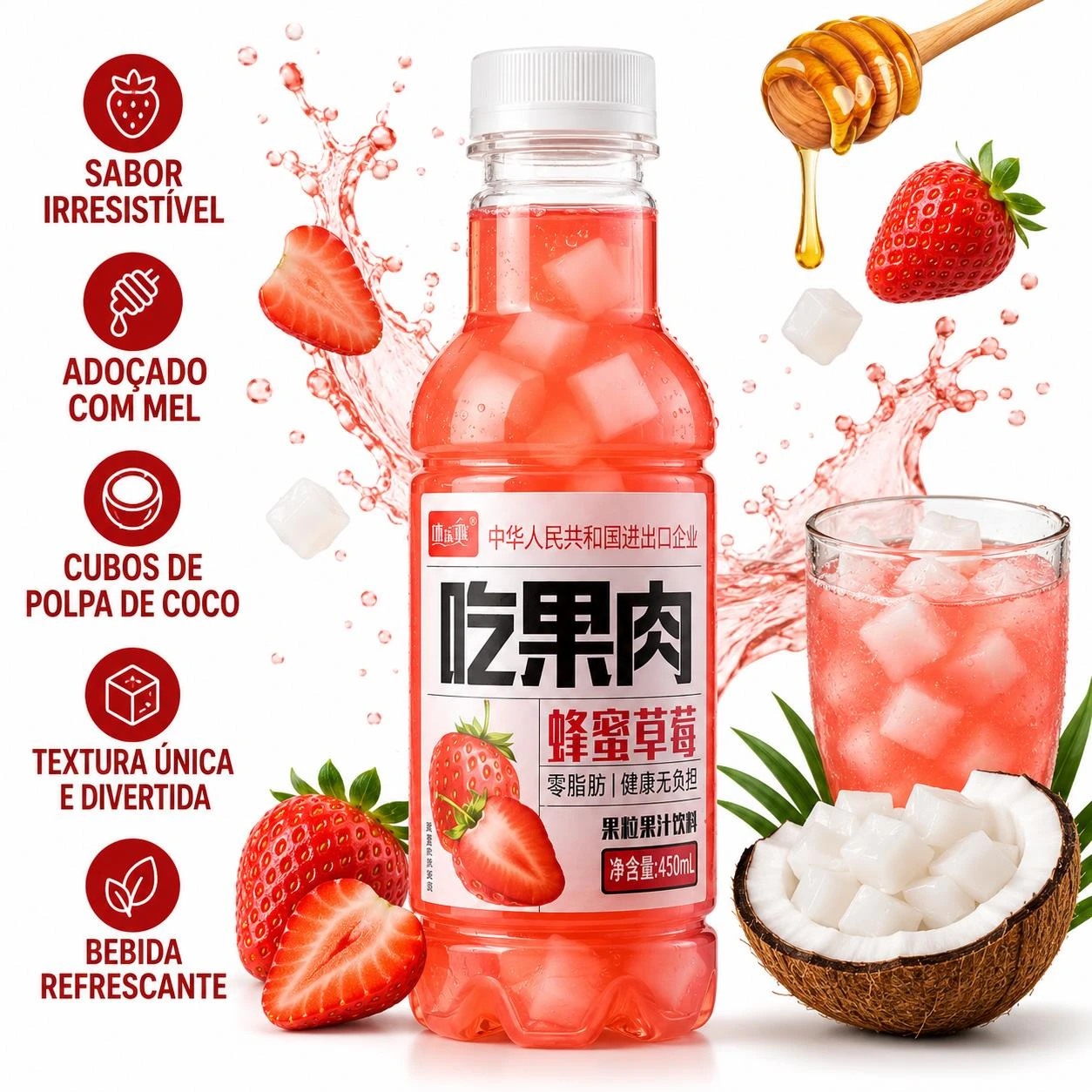 SUCO JIAOZUO MORANGO E MEL COM CUBOS POLPA COCO 450ML CHINA