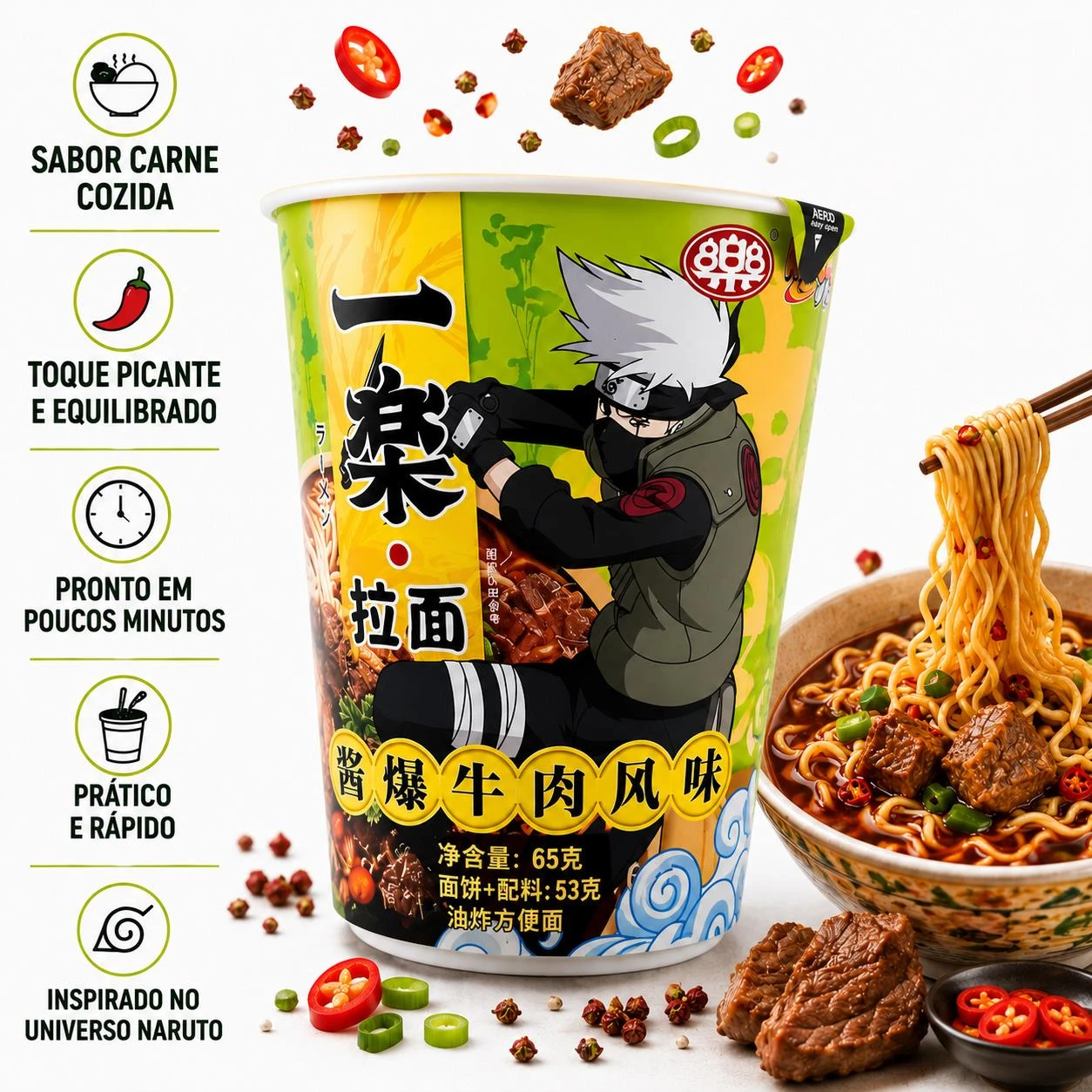 MAC INST NOODLES NARUTO KAKASHI CARNE PICANTE COPO 65G CHINA