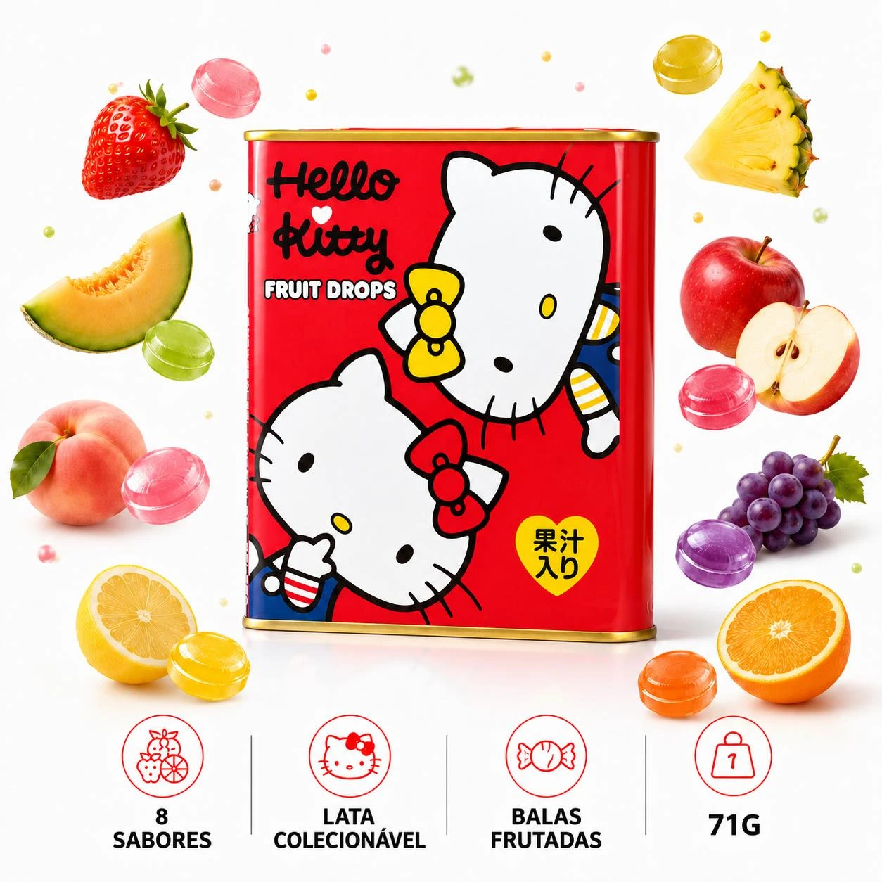 BALA EM LATA SAKUMA HELLO KITTY FRUTAS 71G JAPAO