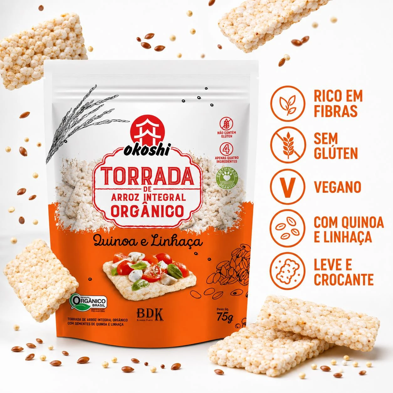 TORRADA DE ARROZ INTEGRAL ORGANI OKOSHI QUINOA E LINHACA 75G