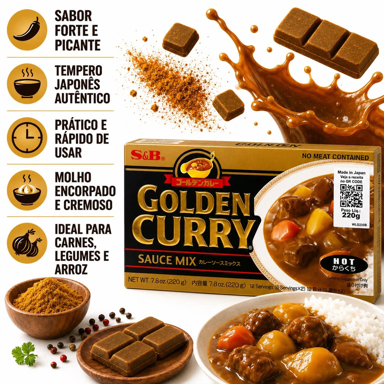 CURRY TABLETE GOLDEN CURRY S&B KARAKUCHI FORTE 220G JAPAO
