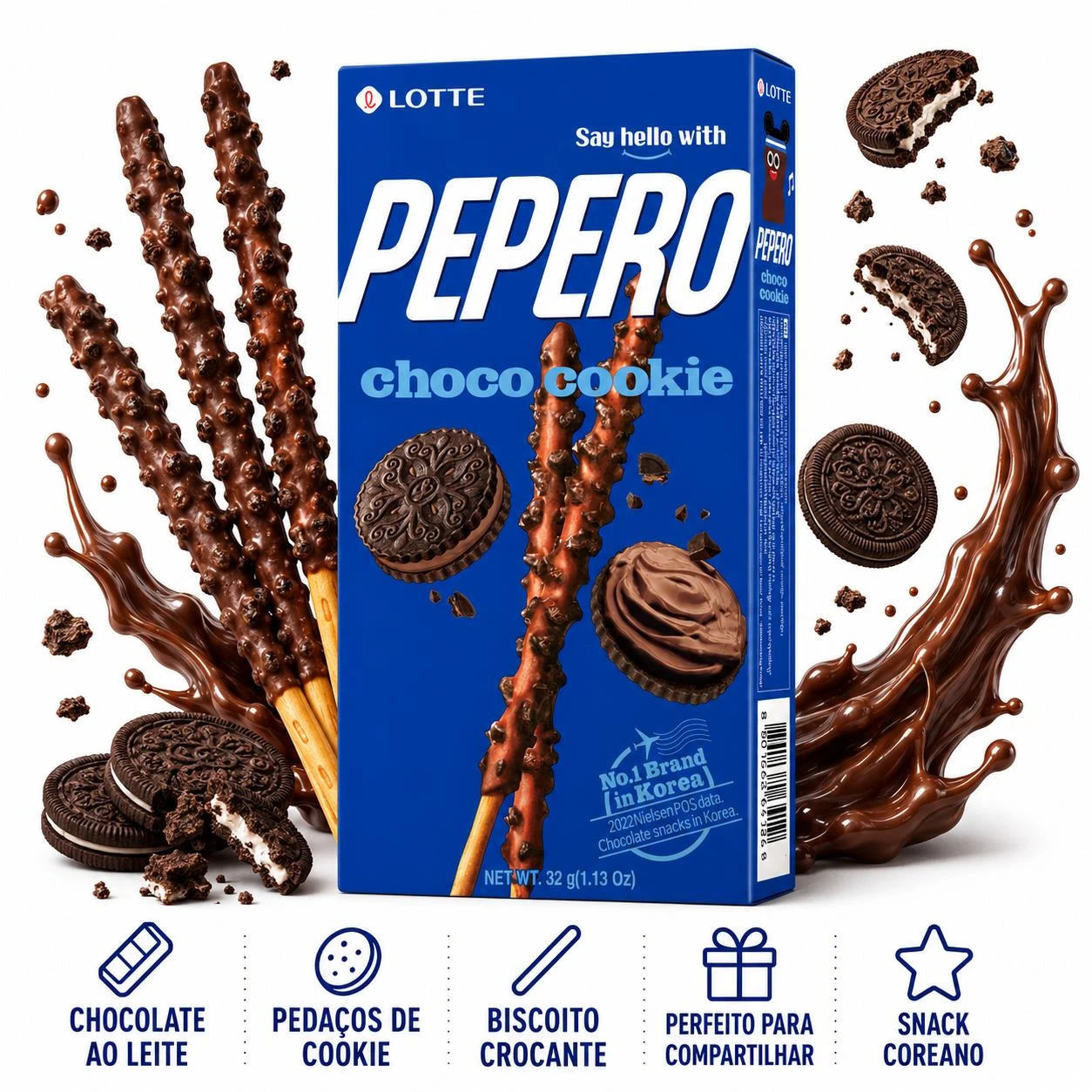PEPERO LOTTE CHOCO COOKIE PALITOS DE BISCOITO 32G COREIA