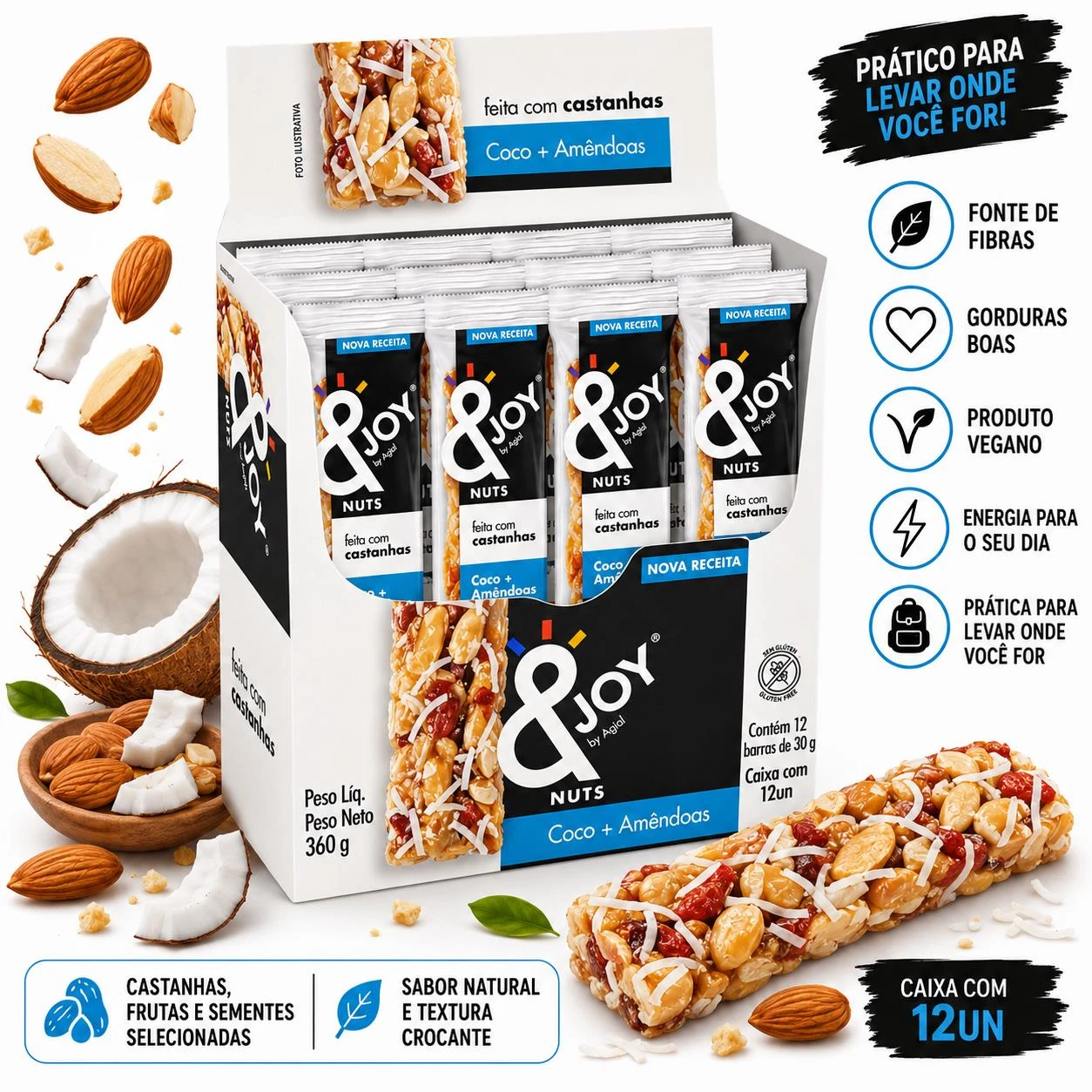 BARRA MIXED NUTS &JOY COCO E AMENDOAS 360G CAIXA 12X30G