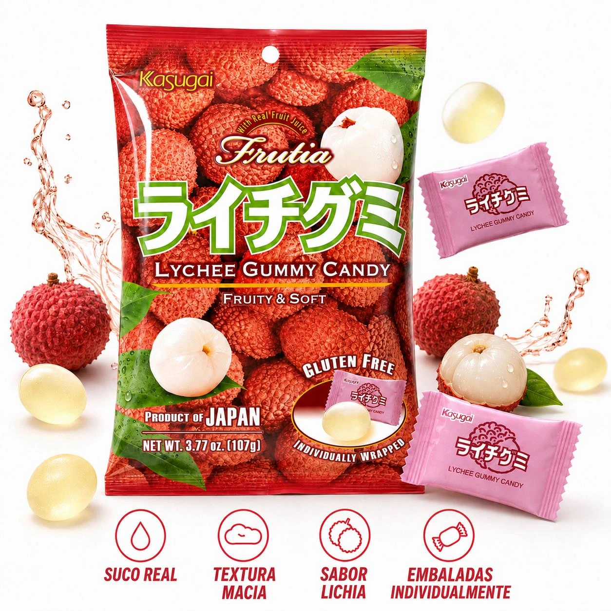 BALA KASUGAI FRUTIA LYCHEE GUMMY 102G JAPAO