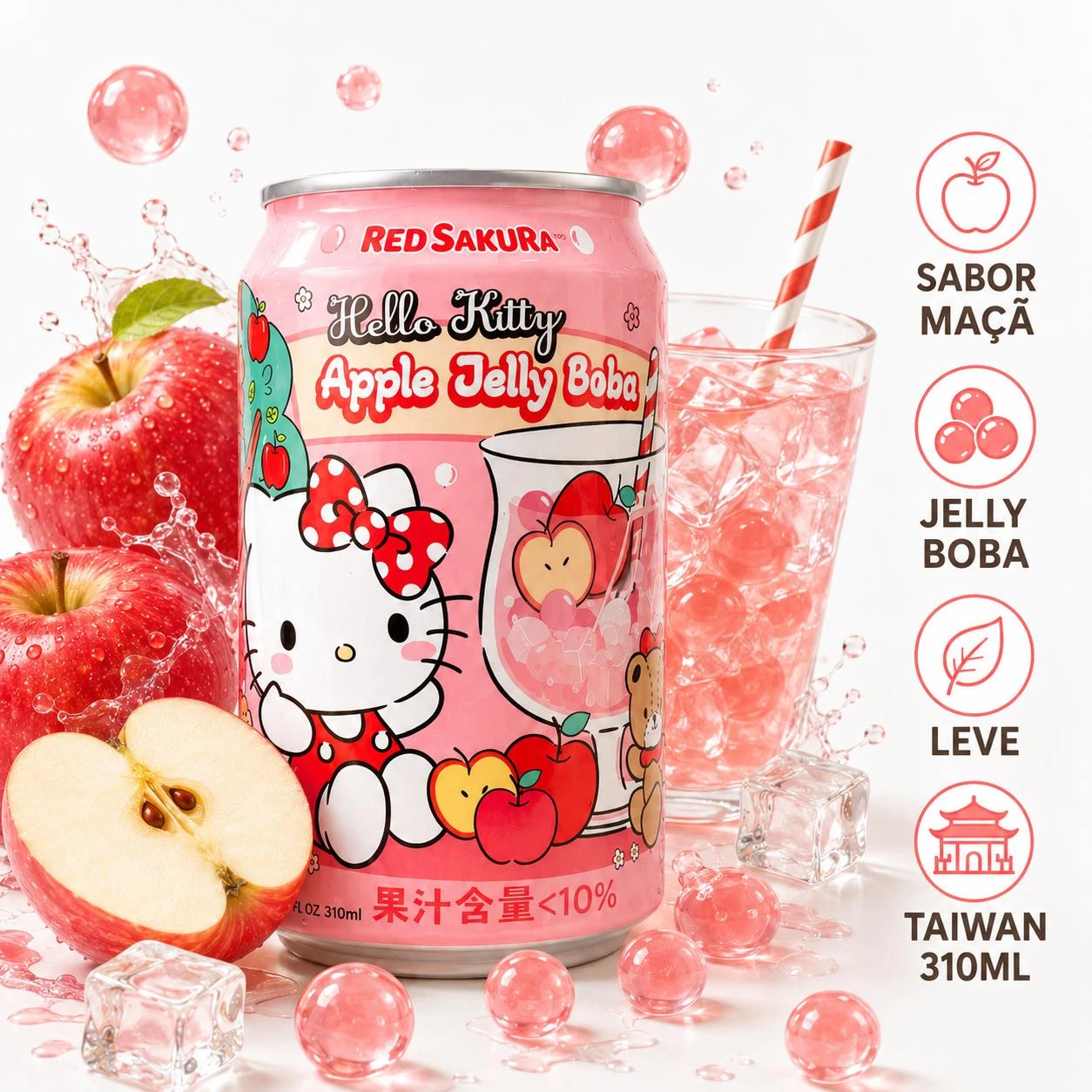 BEBIDA HELLO KITTY JELLY BOBA MACA COM GELATINA 310ML TAIWAN