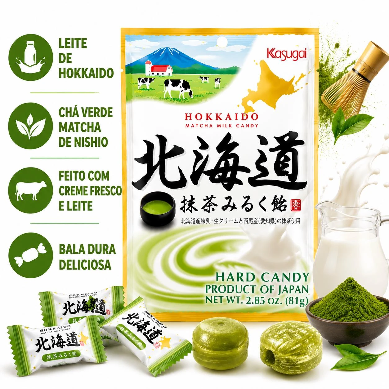 BALA KASUGAI HOKKAIDO LEITE COM MATCHA 81G JAPAO