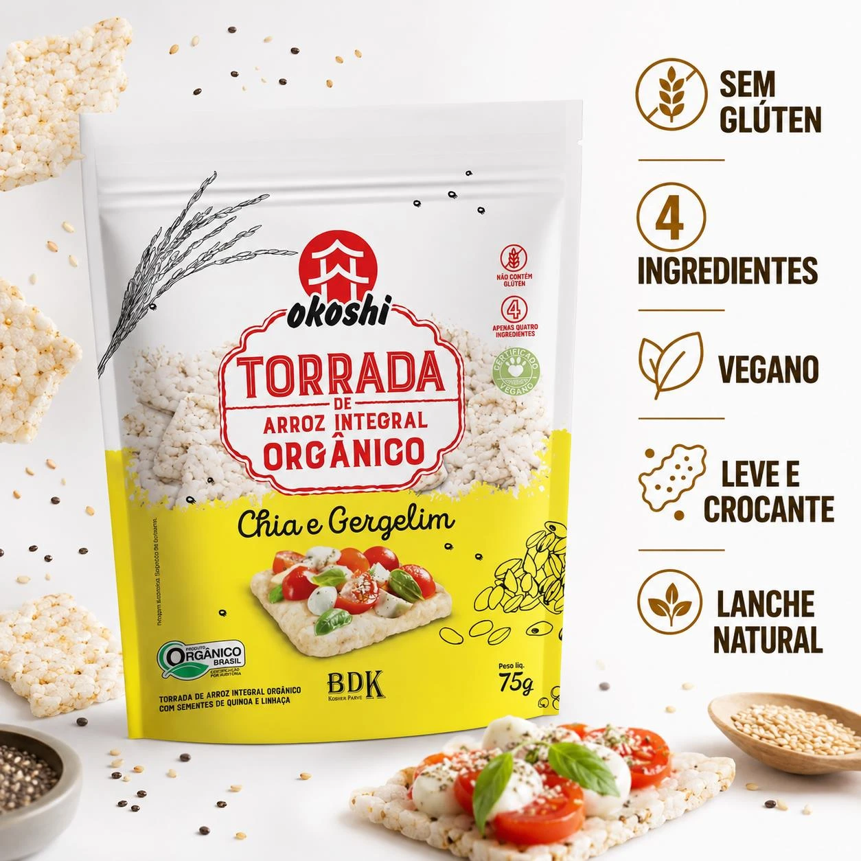 TORRADA DE ARROZ INTEGRAL ORGANICO OKOSHI CHIA GERGELIM 75G