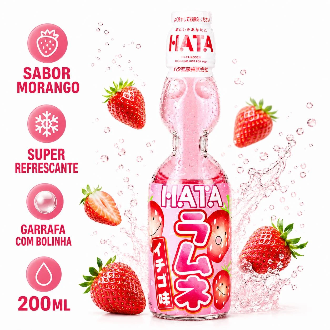 BEBIDA GASEIFICADA RAMUNE HATA MORANGO 200ML JAPAO