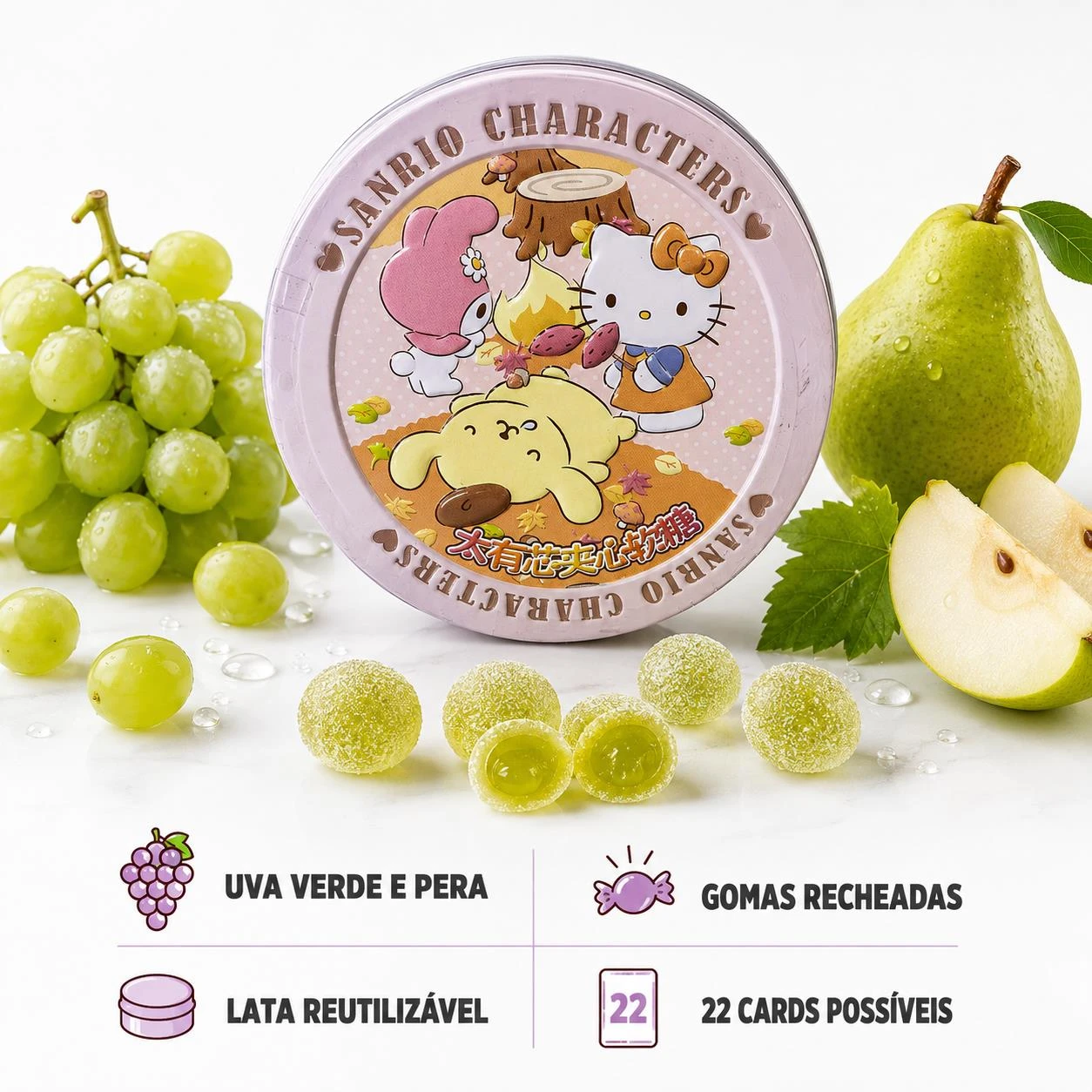 BALA GOMA RECHEADA LATA HELLO KITTY SANRIO UVA VERDE E PERA 80G CHINA