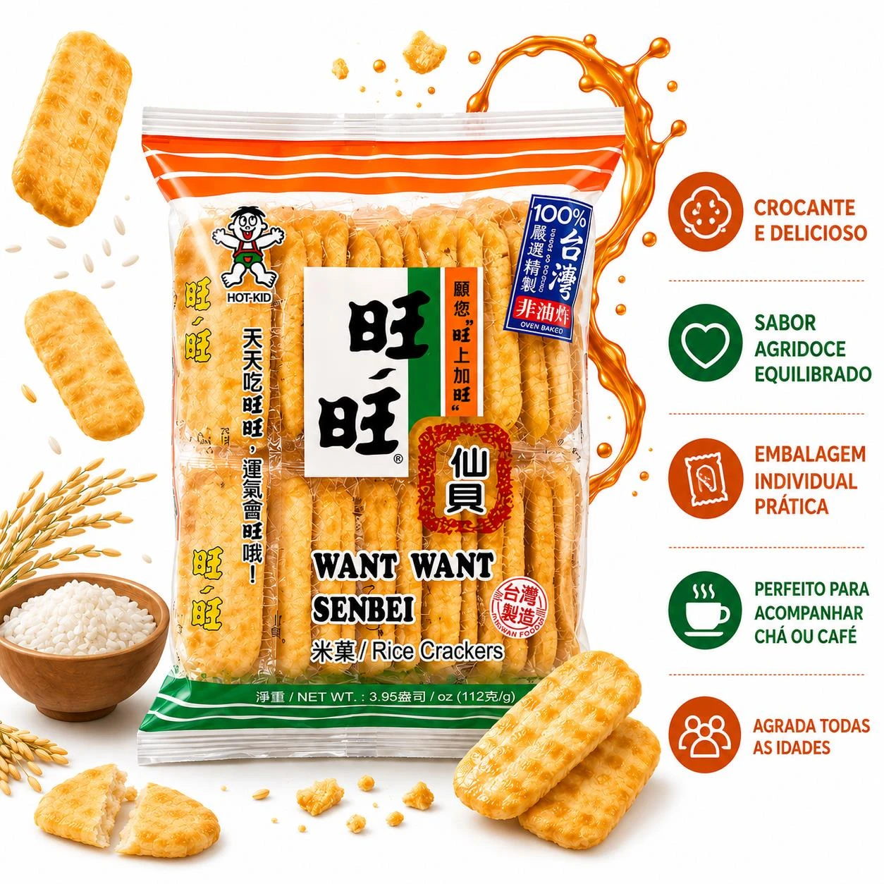 BISCOITO DE ARROZ SEMBEI WANT WANT AGRIDOCE 112G TAIWAN
