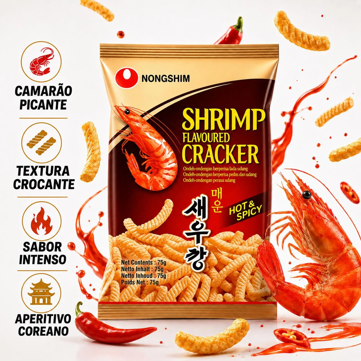 SALGADINHO SHRIMP CRACKER NONGSHIM CAMARAO PICANT 75G COREIA