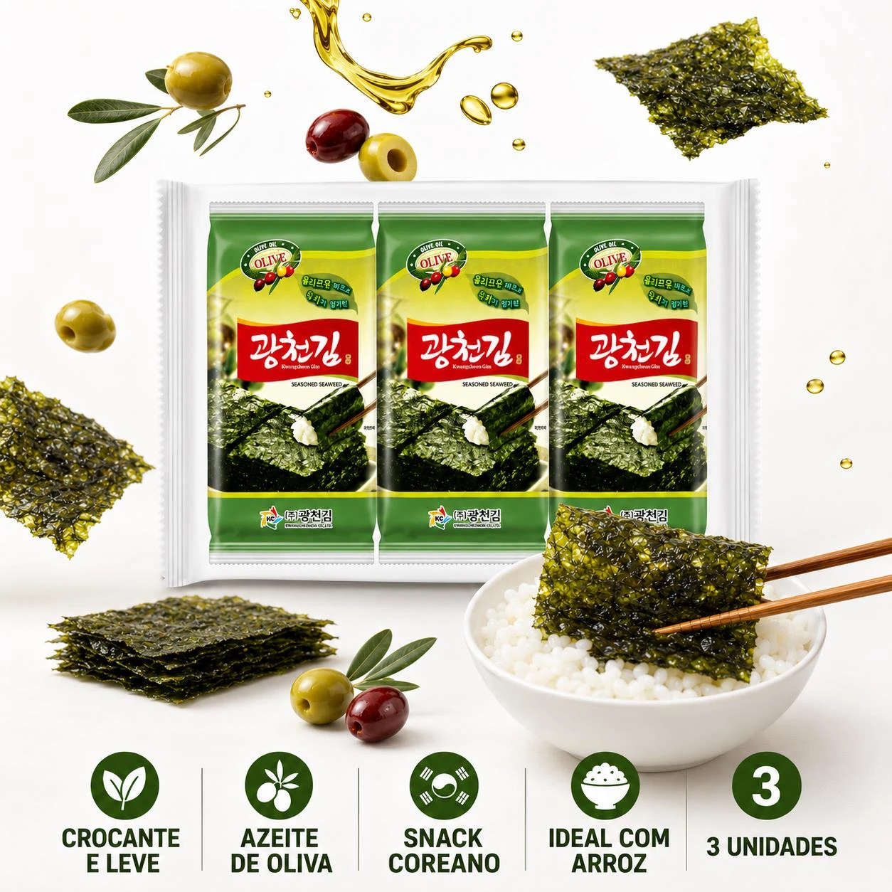 SNACK ALGA NORI AJINORI KWANG CHA VERDE OLIVA 15G 3UN COREIA