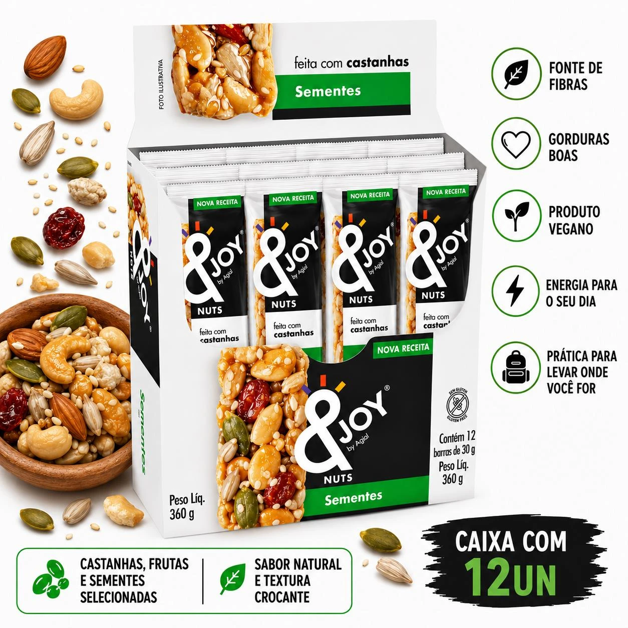 BARRA MIXED NUTS &JOY SEMENTES 360G CAIXA 12X30G