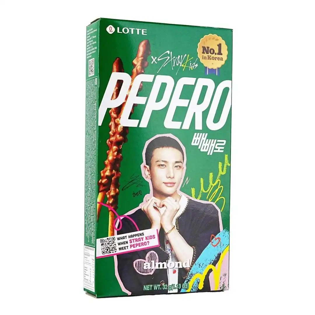 PEPERO LOTTE ALMOND PALITOS DE BISCOITO 32G EDICAO LIMITADA STRAY KIDS COREIA