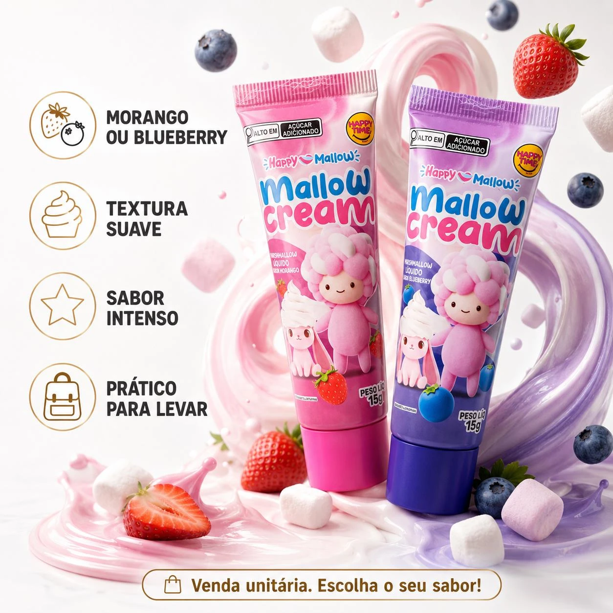 MARSHMALLOW LIQUIDO MALLOW CREAM BLUEBERRY OU MORANGO 15G