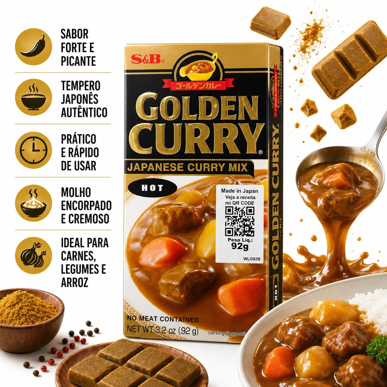 CURRY TABLETE GOLDEN CURRY S&B KARAKUCHI FORTE 92G JAPAO