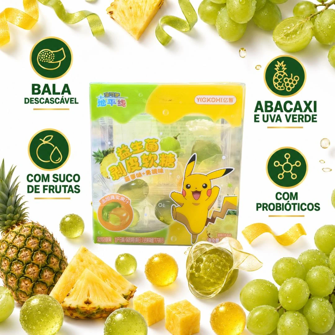 BALA DESCASCAVEL POKEMON PIKACHU ABACAXI E UVA VERDE 55G CN