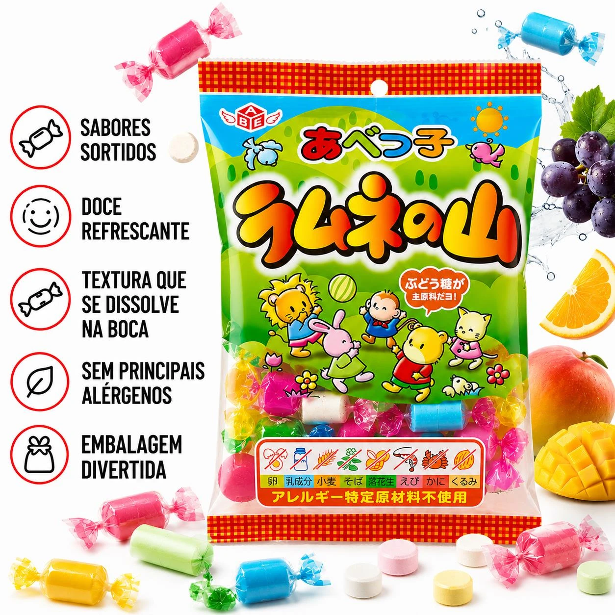 BALA ABEKKO RAMUNE NO YAMA DOCE SORTIDO DE FRUTAS 47G JAPAO