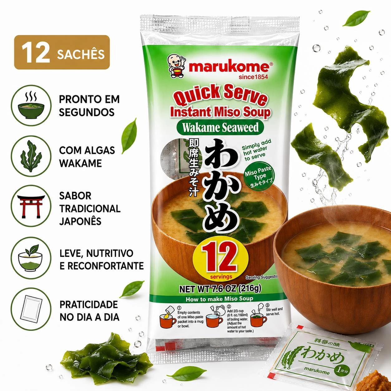 MISSOSHIRU MARUKOME QUICK SERVE WAKAME SACHE 12UN 216G JAPAO