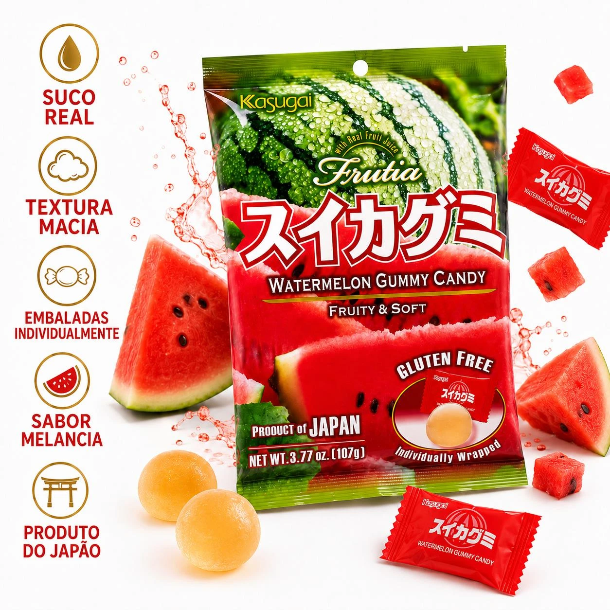 BALA KASUGAI FRUTIA WATERMELON GUMMY 107G JAPAO