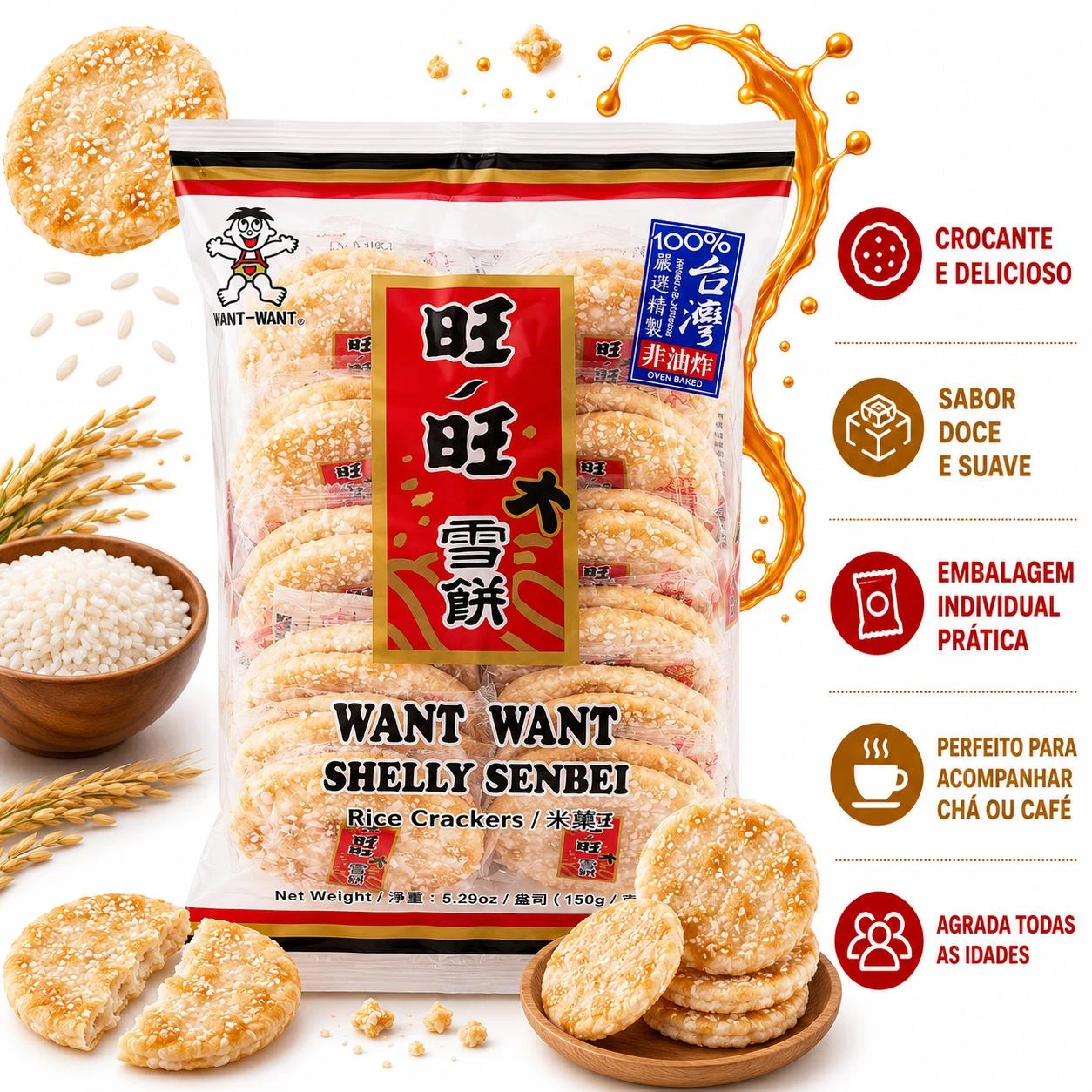 BISCOITO DE ARROZ SEMBEI WANT WANT SHELLY DOCE 150G TAIWAN