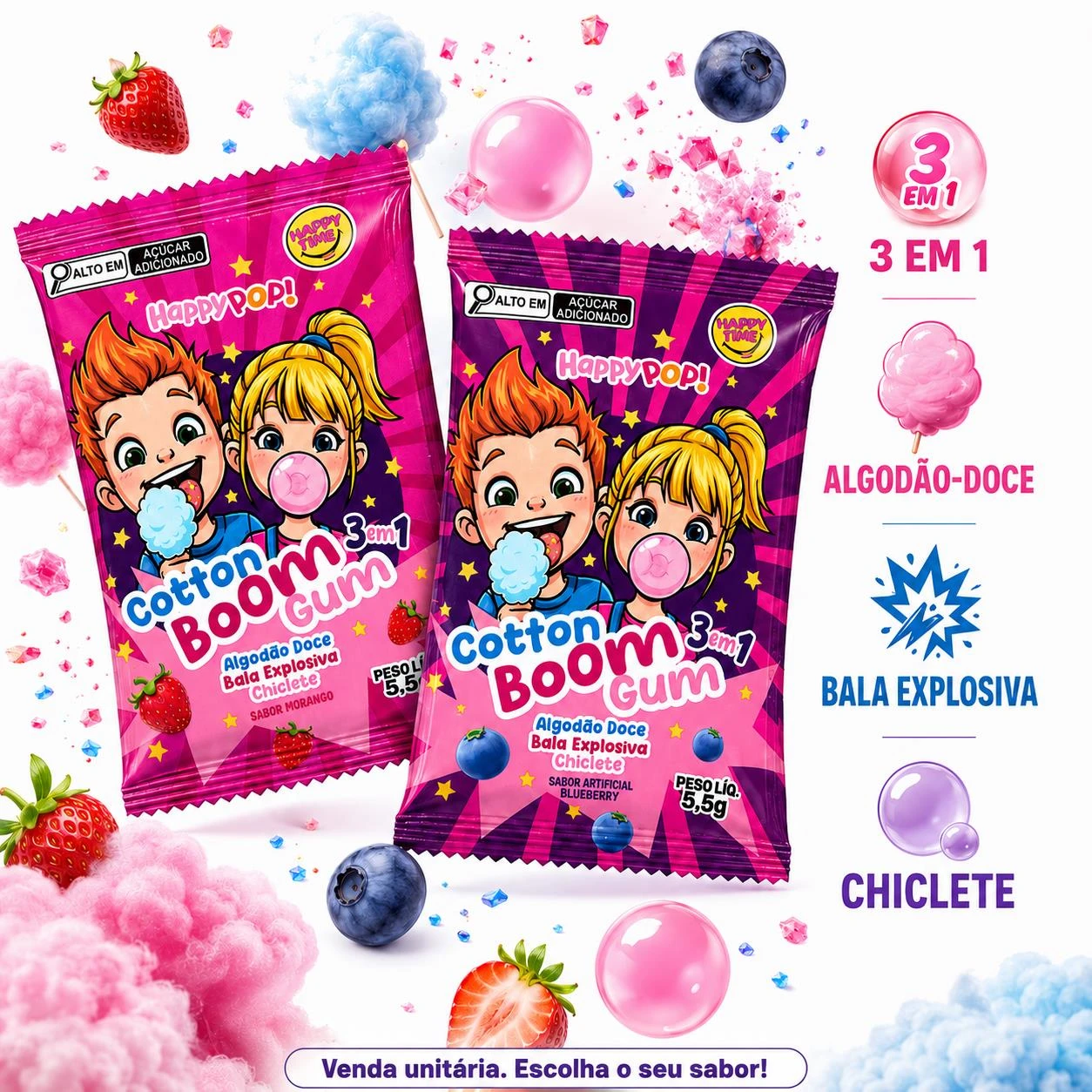 COTTON BOOM GUM 3 EM 1 BLUEBERRY OU MORANGO 5,5G CHINA